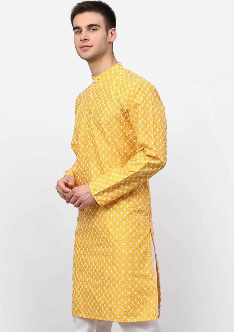 Mustard Yellow Embroidered Poly Blend Kurta For Men