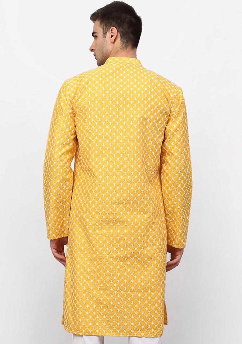 Mustard Yellow Embroidered Poly Blend Kurta For Men