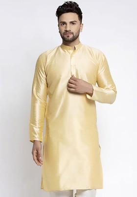 Gold Embroidered Poly Blend Kurta For Men