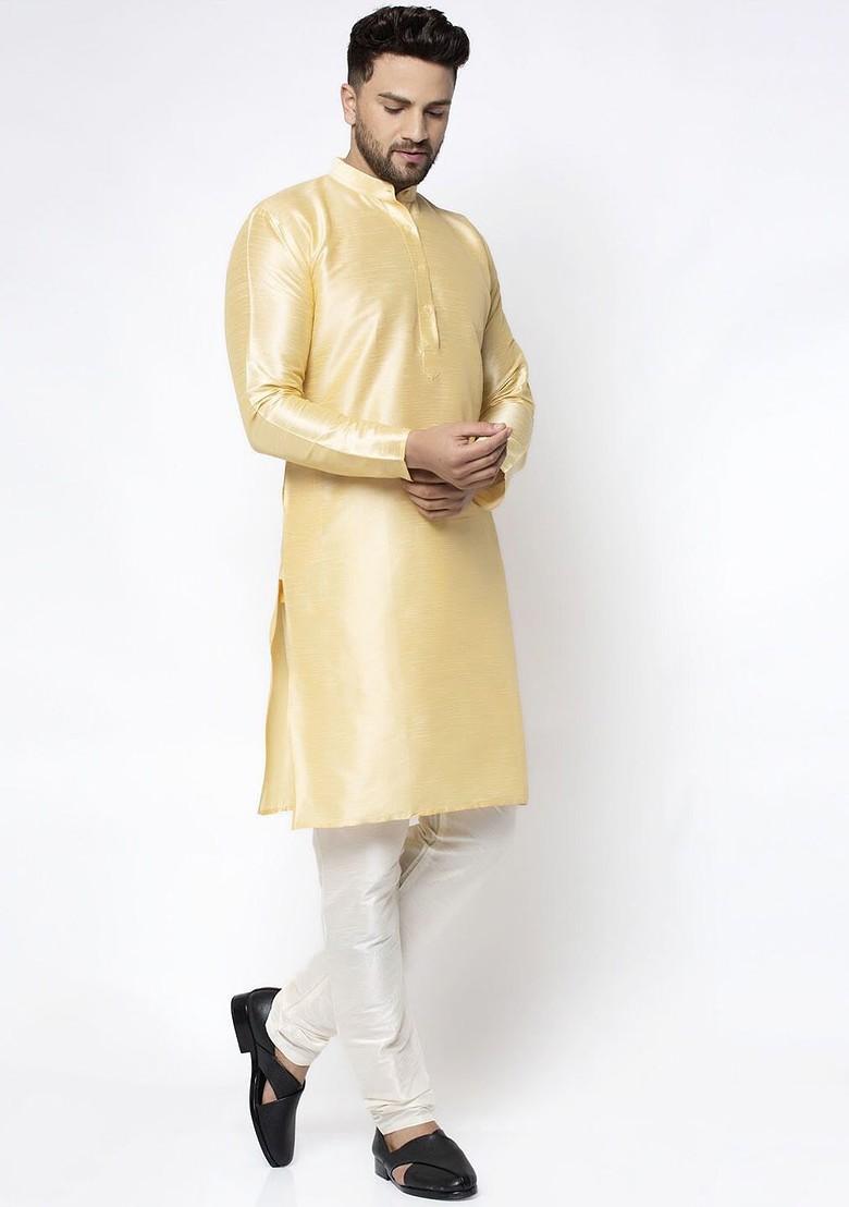 Gold Embroidered Poly Blend Kurta For Men