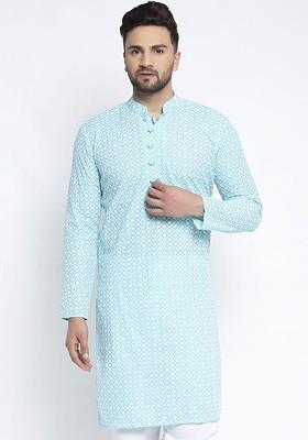 Turquoise Blue Embroidered Poly Blend Kurta For Men