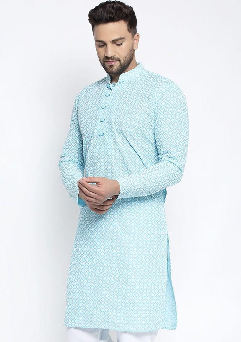 Turquoise Blue Embroidered Poly Blend Kurta For Men