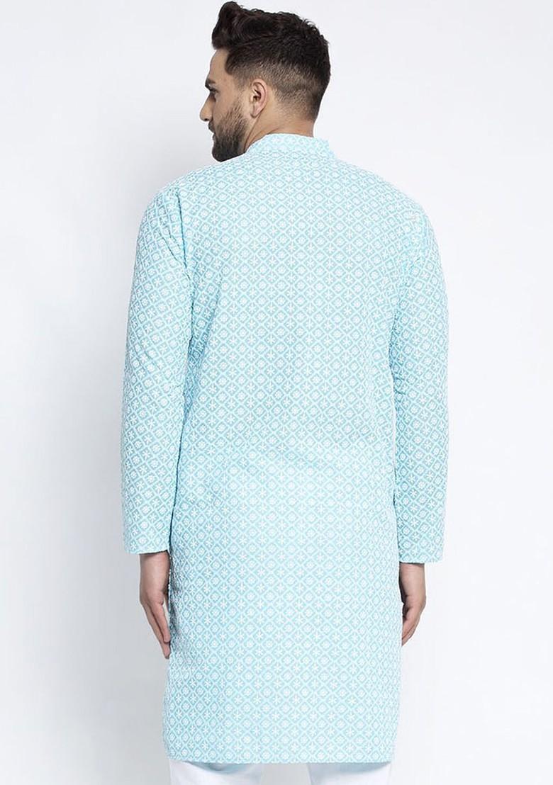 Turquoise Blue Embroidered Poly Blend Kurta For Men