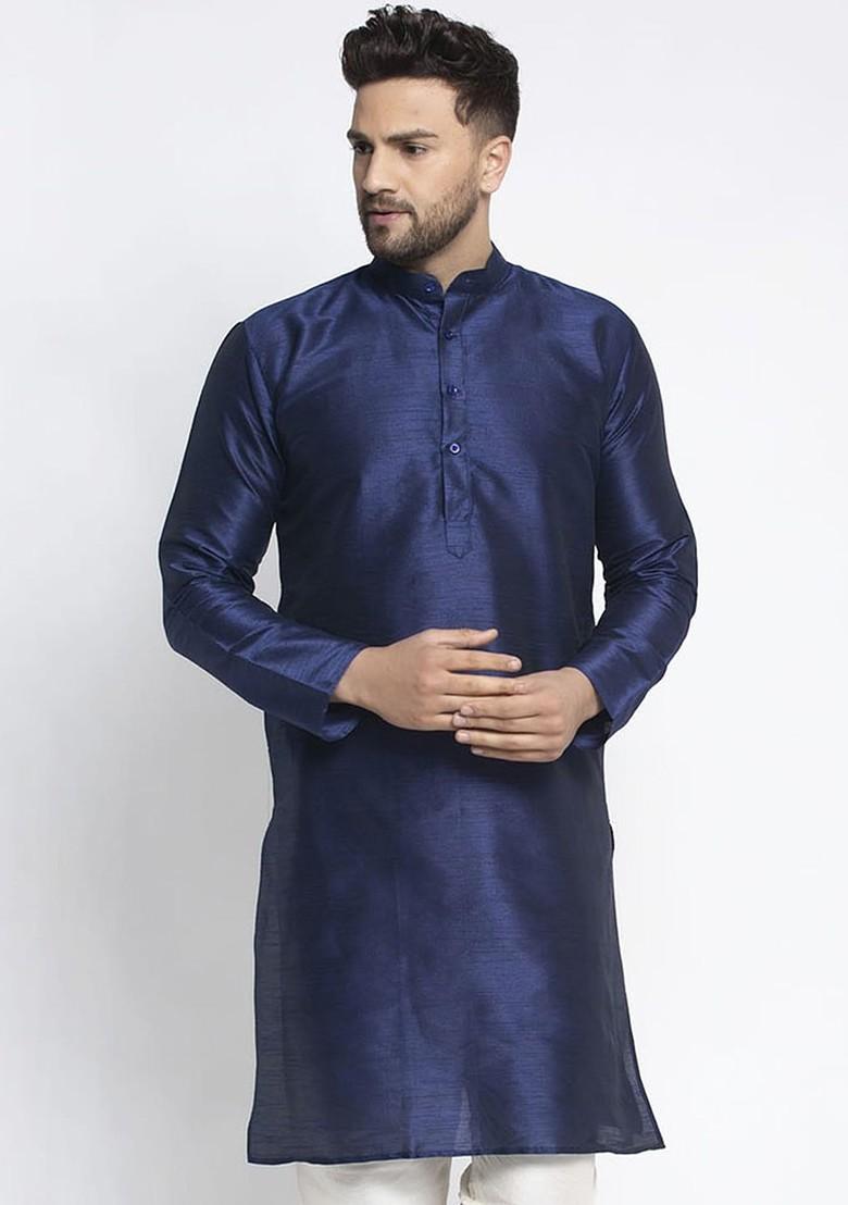 Navy Blue Embroidered Poly Blend Kurta For Men