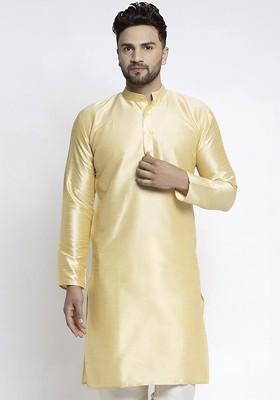Gold Embroidered Poly Blend Kurta For Men