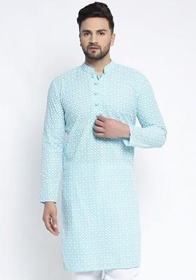 Turquoise Blue Embroidered Poly Blend Kurta For Men