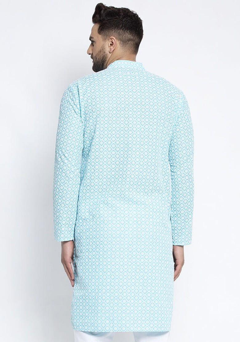 Turquoise Blue Embroidered Poly Blend Kurta For Men