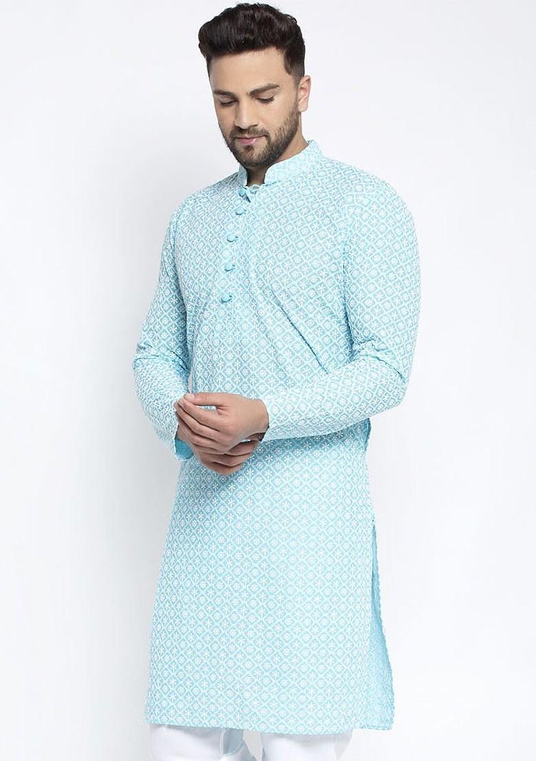 Turquoise Blue Embroidered Poly Blend Kurta For Men