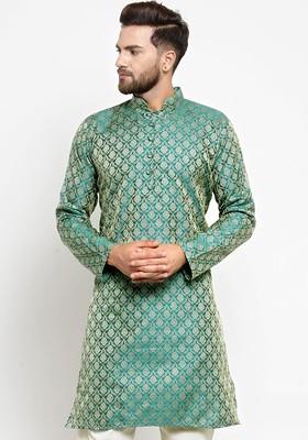 Green Woven Design Poly Blend Kurta For Men