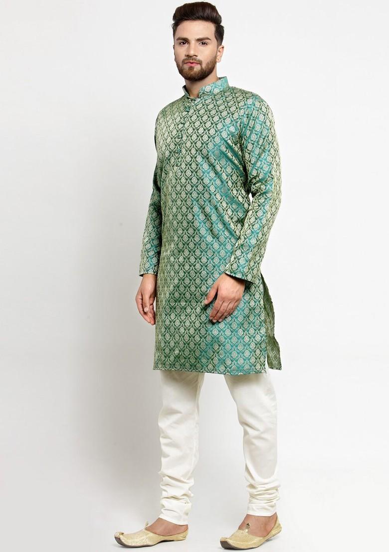 Green Woven Design Poly Blend Kurta For Men