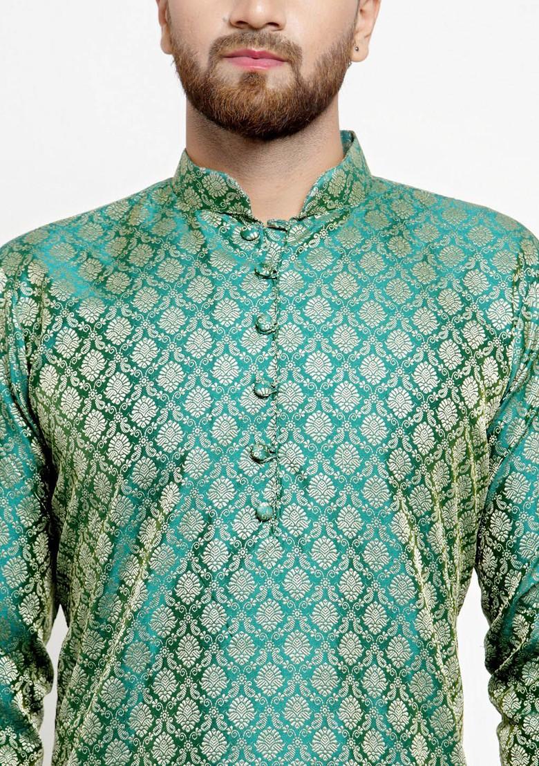 Green Woven Design Poly Blend Kurta For Men