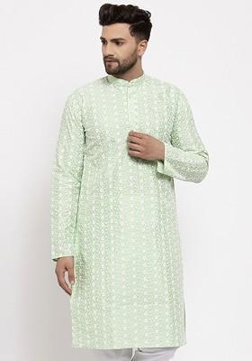 Green Woven Design Poly Blend Kurta For Men