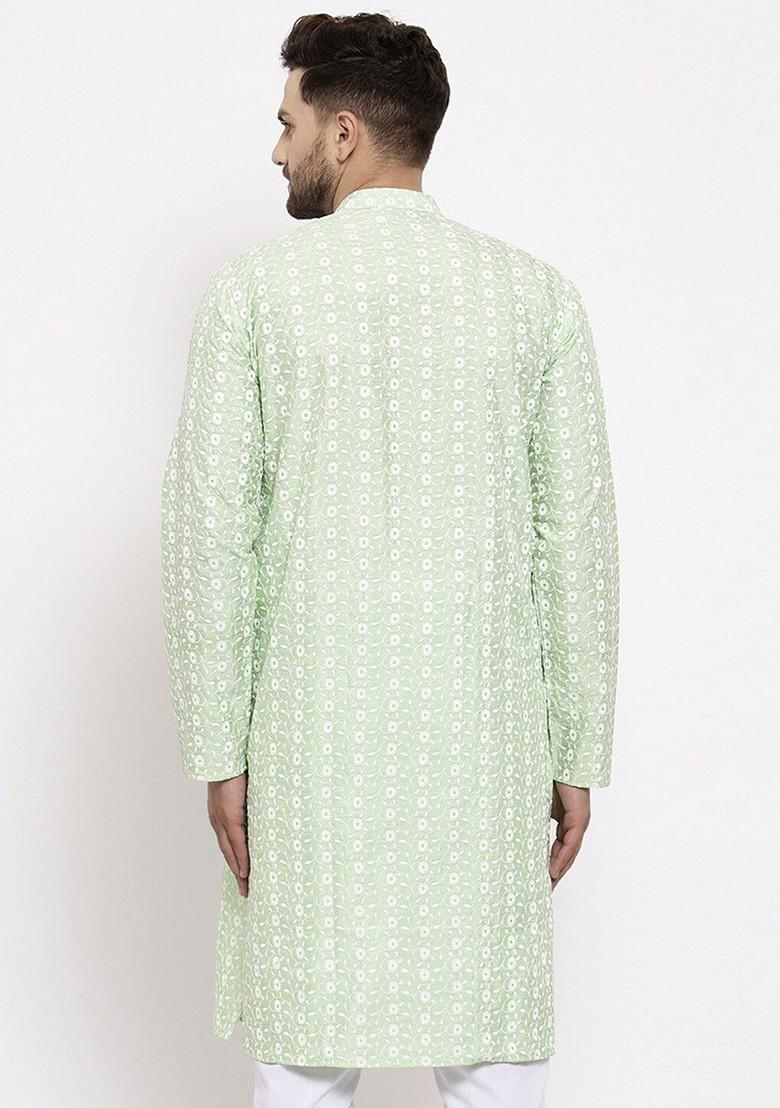 Green Woven Design Poly Blend Kurta For Men