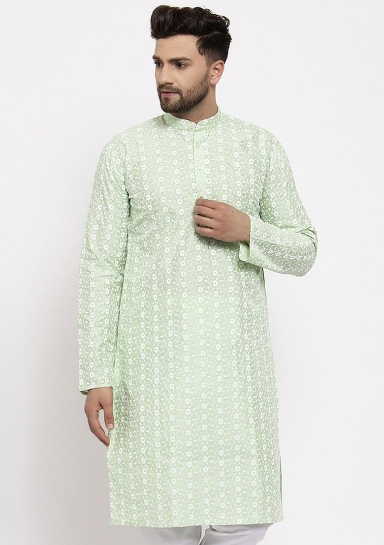 Green Woven Design Poly Blend Kurta For Men