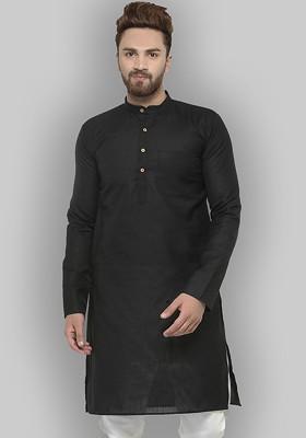 Black Embroidered Poly Blend Kurta For Men