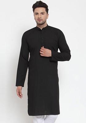 Black Embroidered Poly Blend Kurta For Men