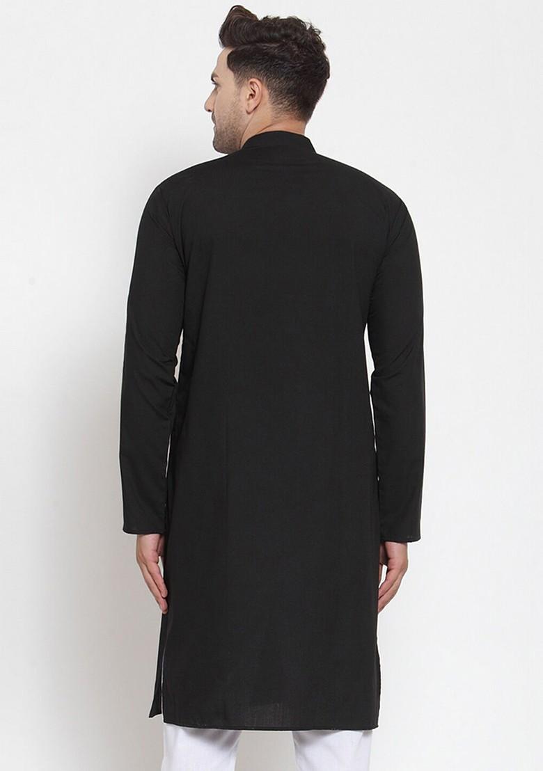 Black Embroidered Poly Blend Kurta For Men