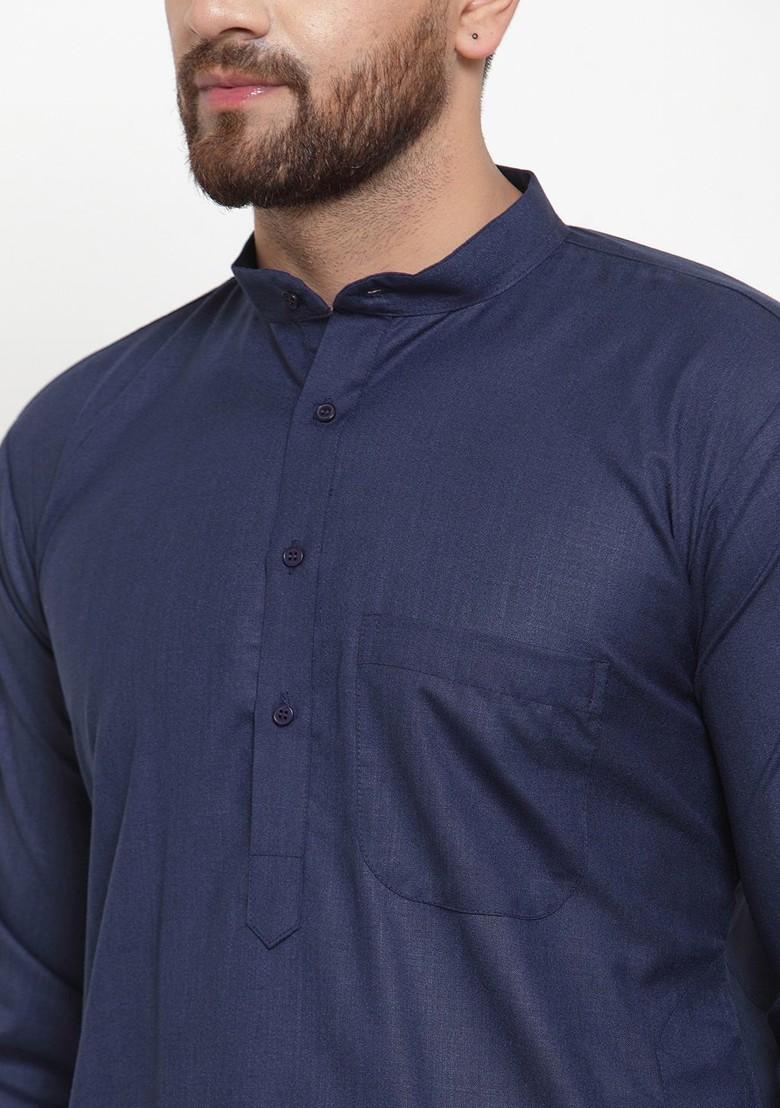 Navy Blue Embroidered Poly Blend Kurta For Men