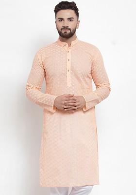Peach Embroidered Poly Blend Kurta For Men