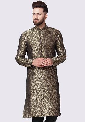Gold Woven Design Poly Blend Kurta For Men