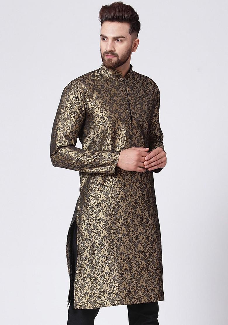 Gold Woven Design Poly Blend Kurta For Men
