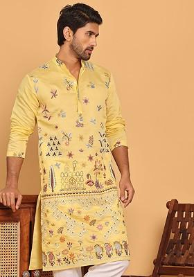 Yellow Embroidered Poly Blend Kurta For Men
