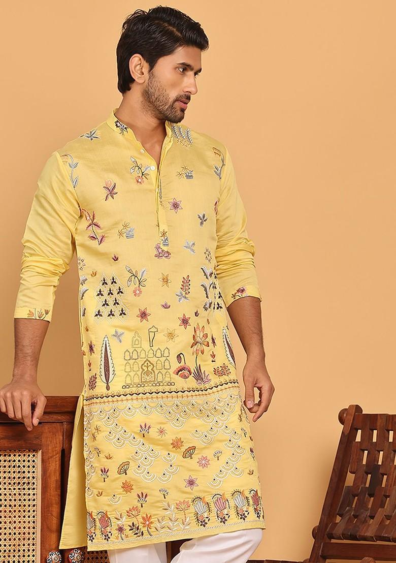 Yellow Embroidered Poly Blend Kurta For Men