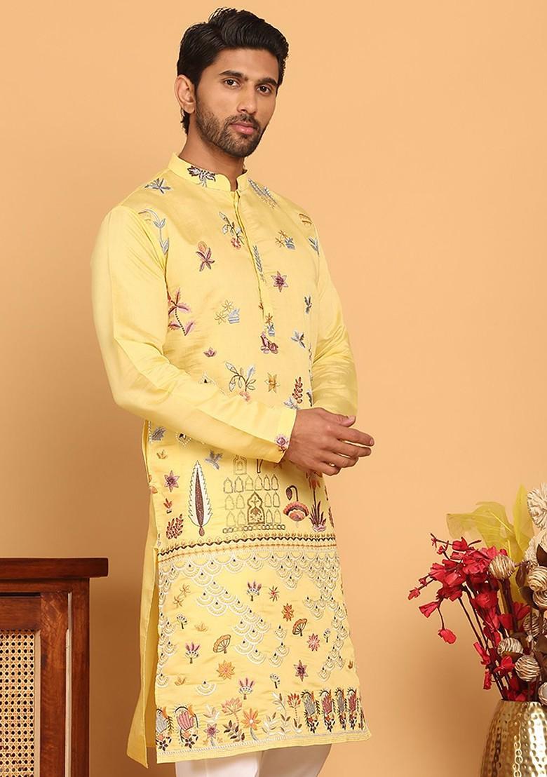 Yellow Embroidered Poly Blend Kurta For Men