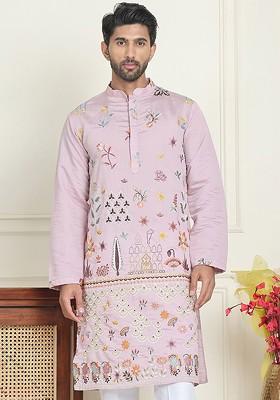 Purple Embroidered Poly Blend Kurta For Men
