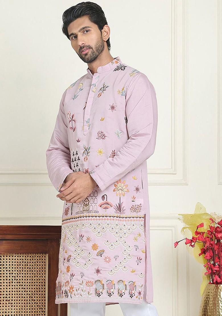 Purple Embroidered Poly Blend Kurta For Men