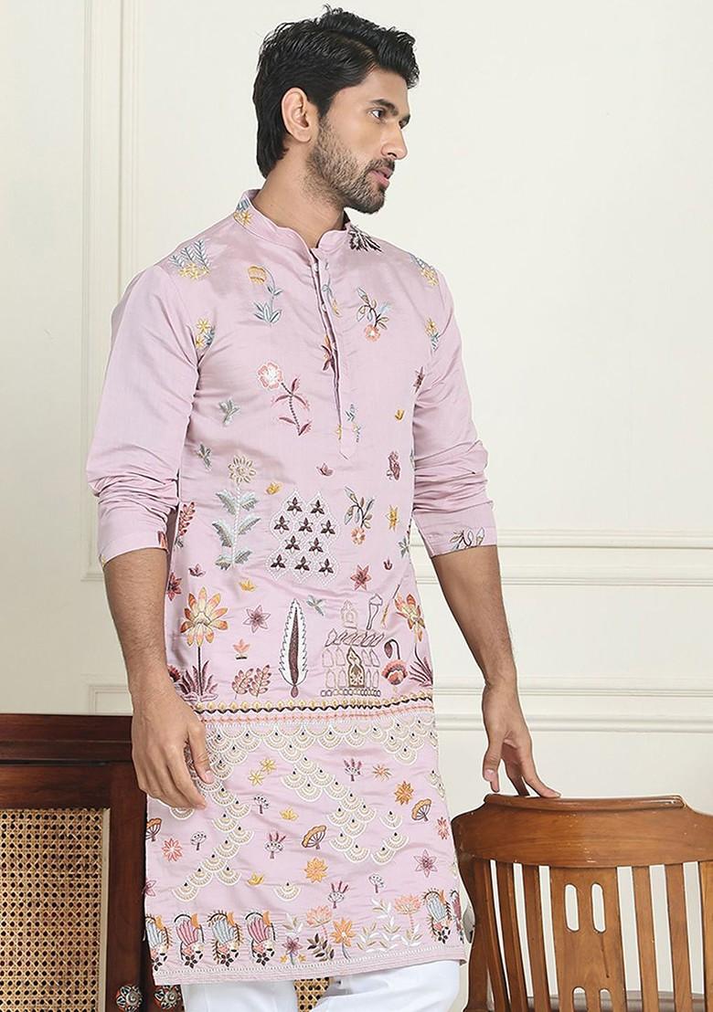 Purple Embroidered Poly Blend Kurta For Men