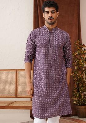 Purple Embroidered Poly Blend Kurta For Men