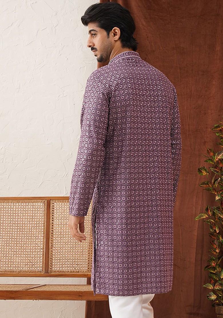 Purple Embroidered Poly Blend Kurta For Men