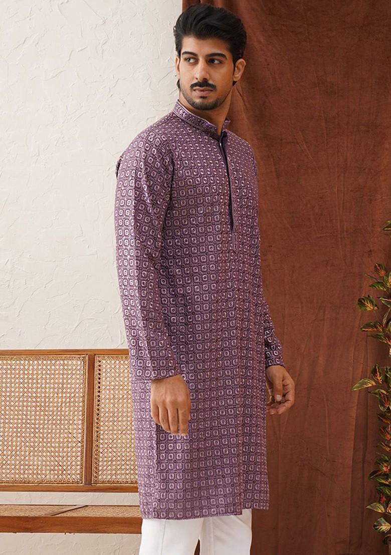Purple Embroidered Poly Blend Kurta For Men