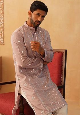 Peach Embroidered Poly Blend Kurta For Men