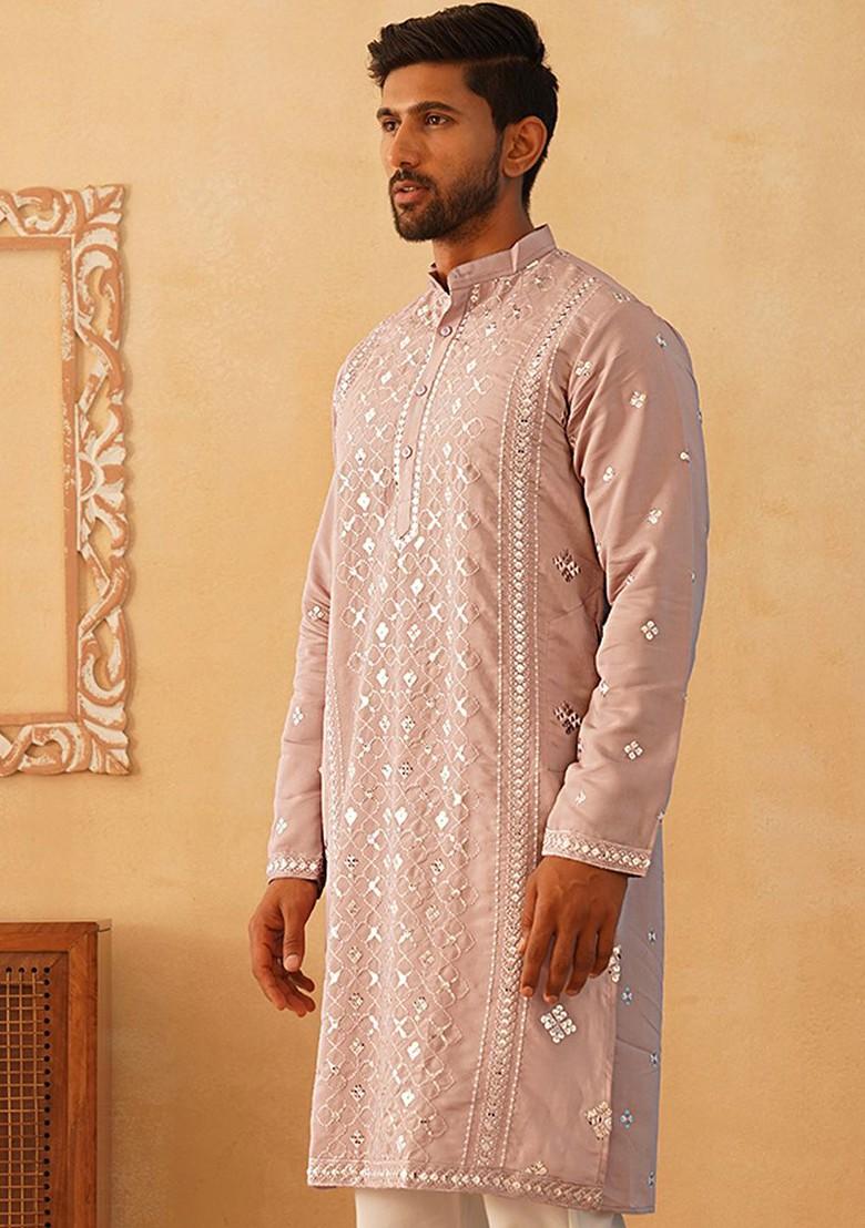 Peach Embroidered Poly Blend Kurta For Men