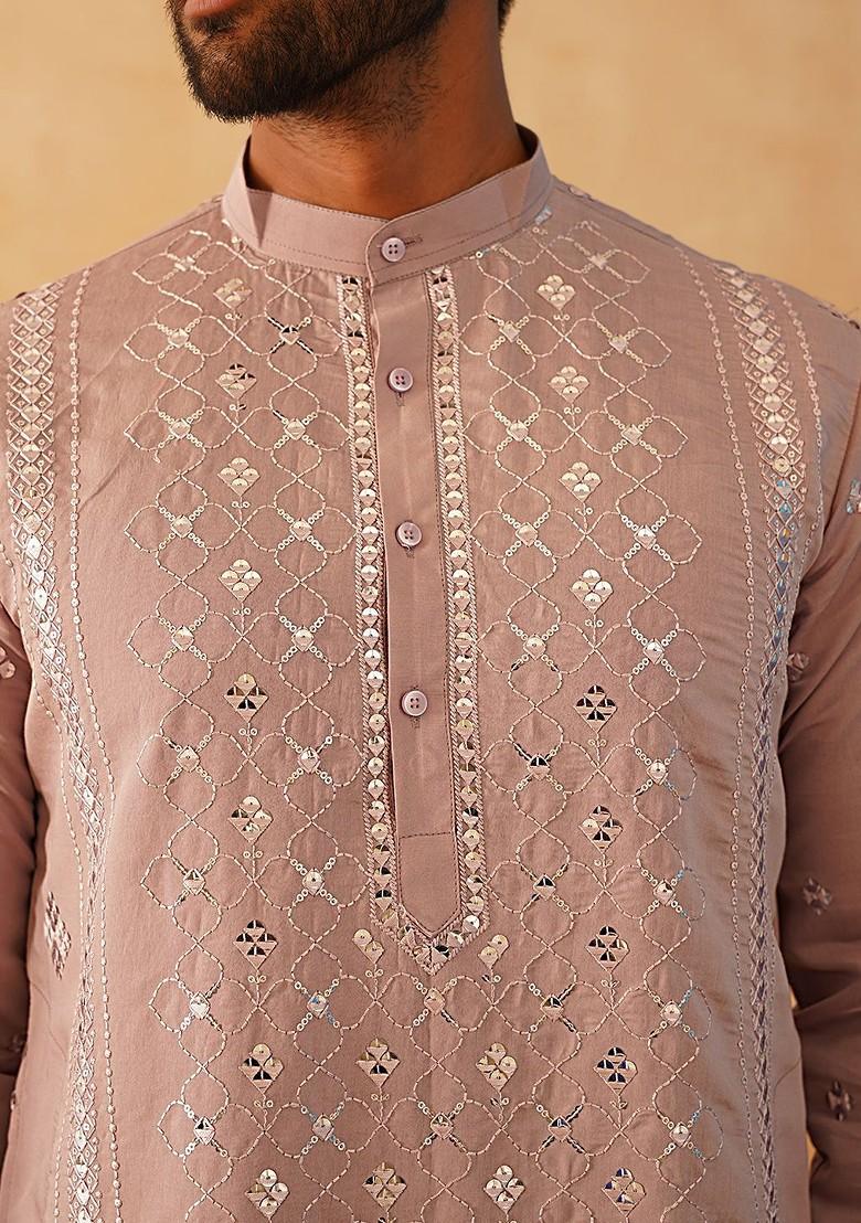 Peach Embroidered Poly Blend Kurta For Men