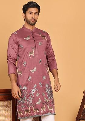 Purple Embroidered Poly Blend Kurta For Men