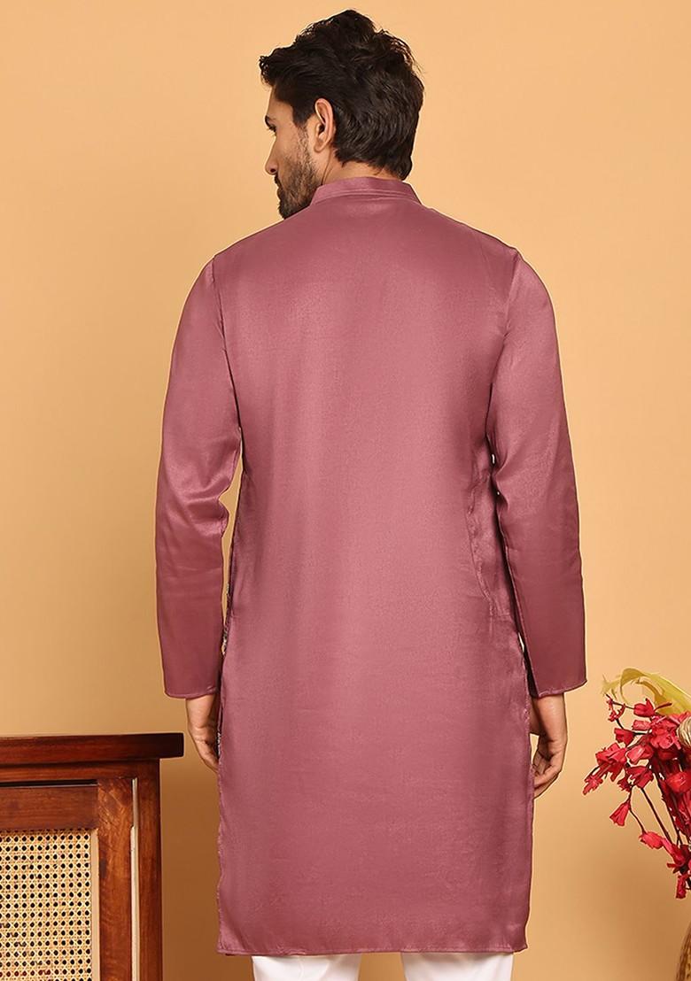 Purple Embroidered Poly Blend Kurta For Men