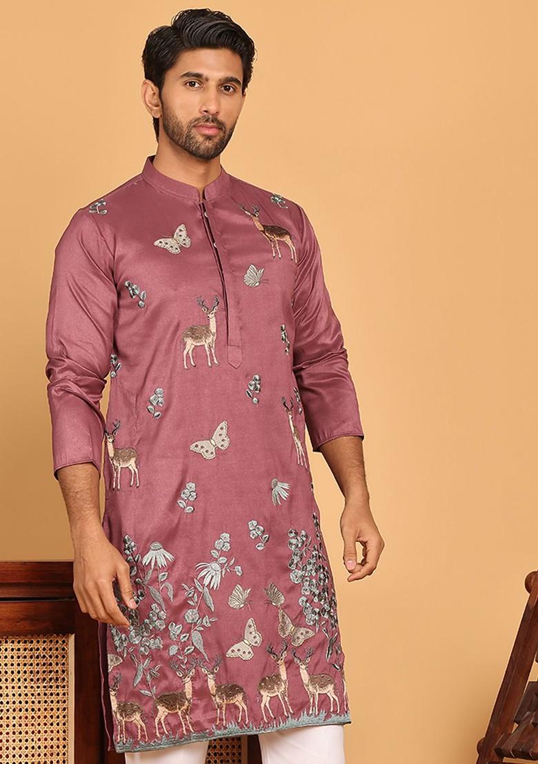 Purple Embroidered Poly Blend Kurta For Men