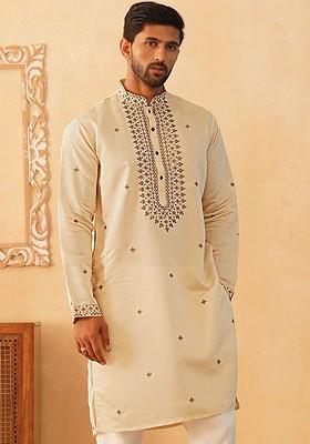 Cream Embroidered Poly Blend Kurta For Men