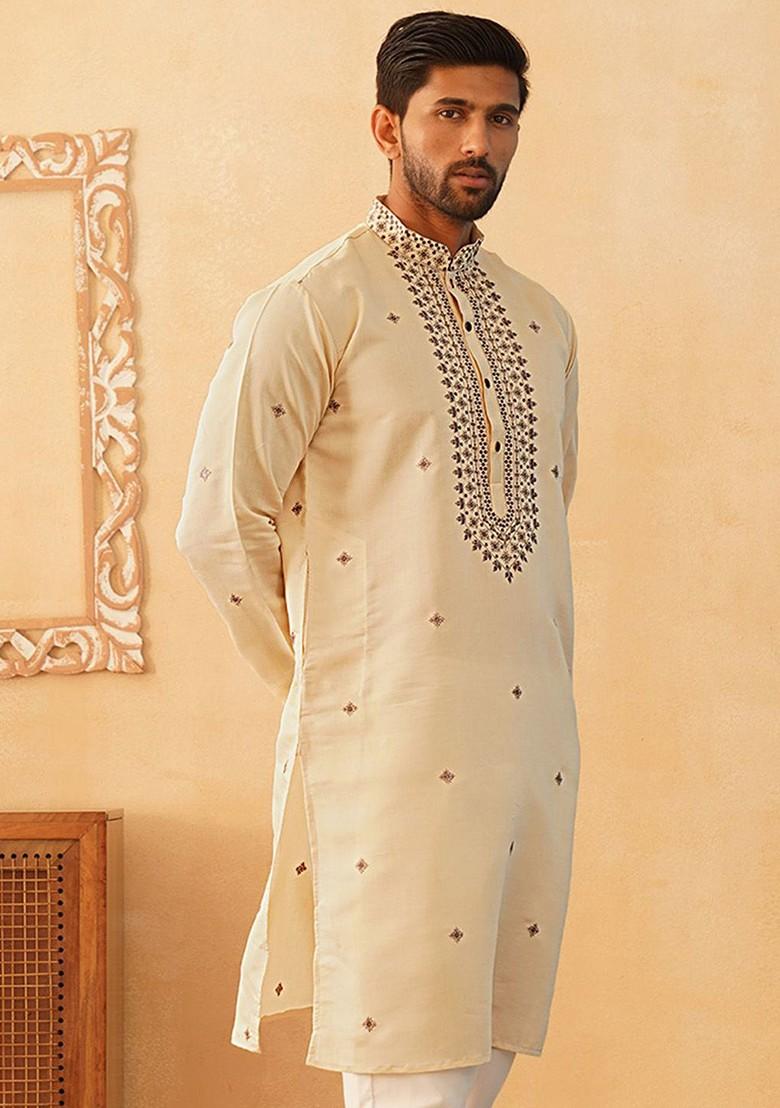 Cream Embroidered Poly Blend Kurta For Men