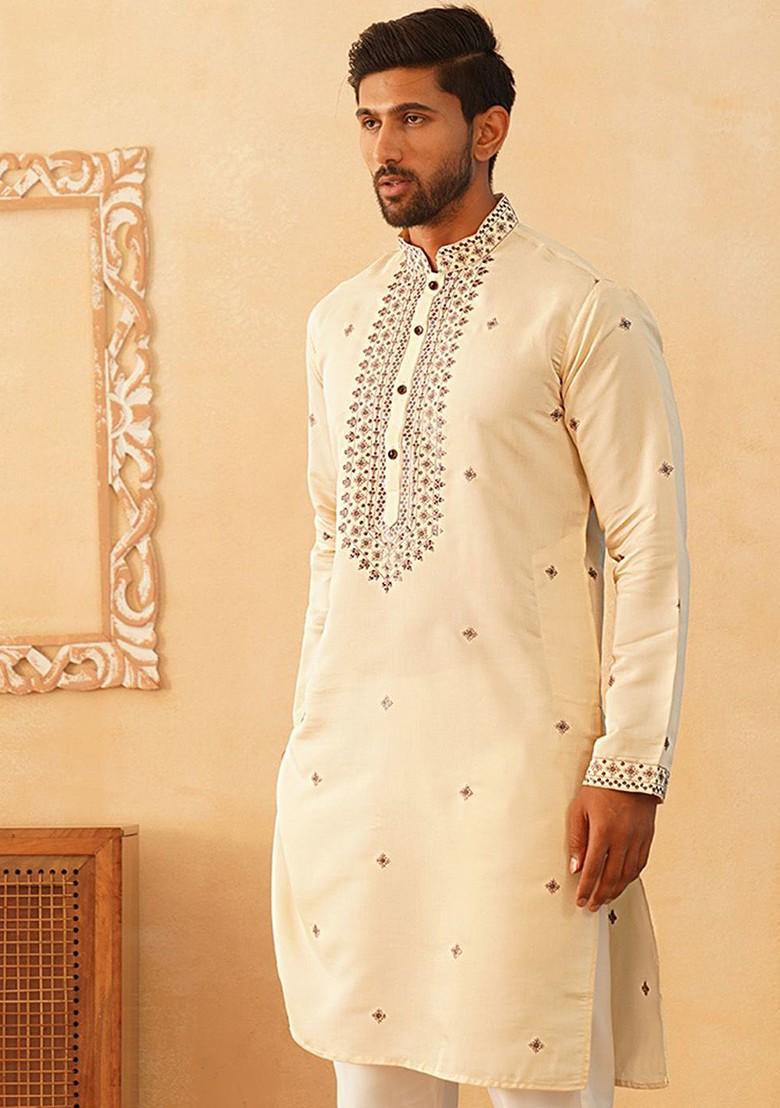 Cream Embroidered Poly Blend Kurta For Men