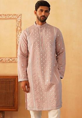 Peach Embroidered Poly Blend Kurta For Men