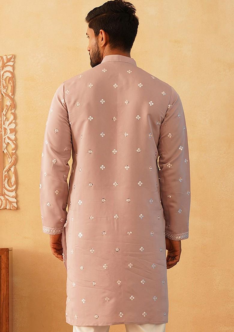 Peach Embroidered Poly Blend Kurta For Men