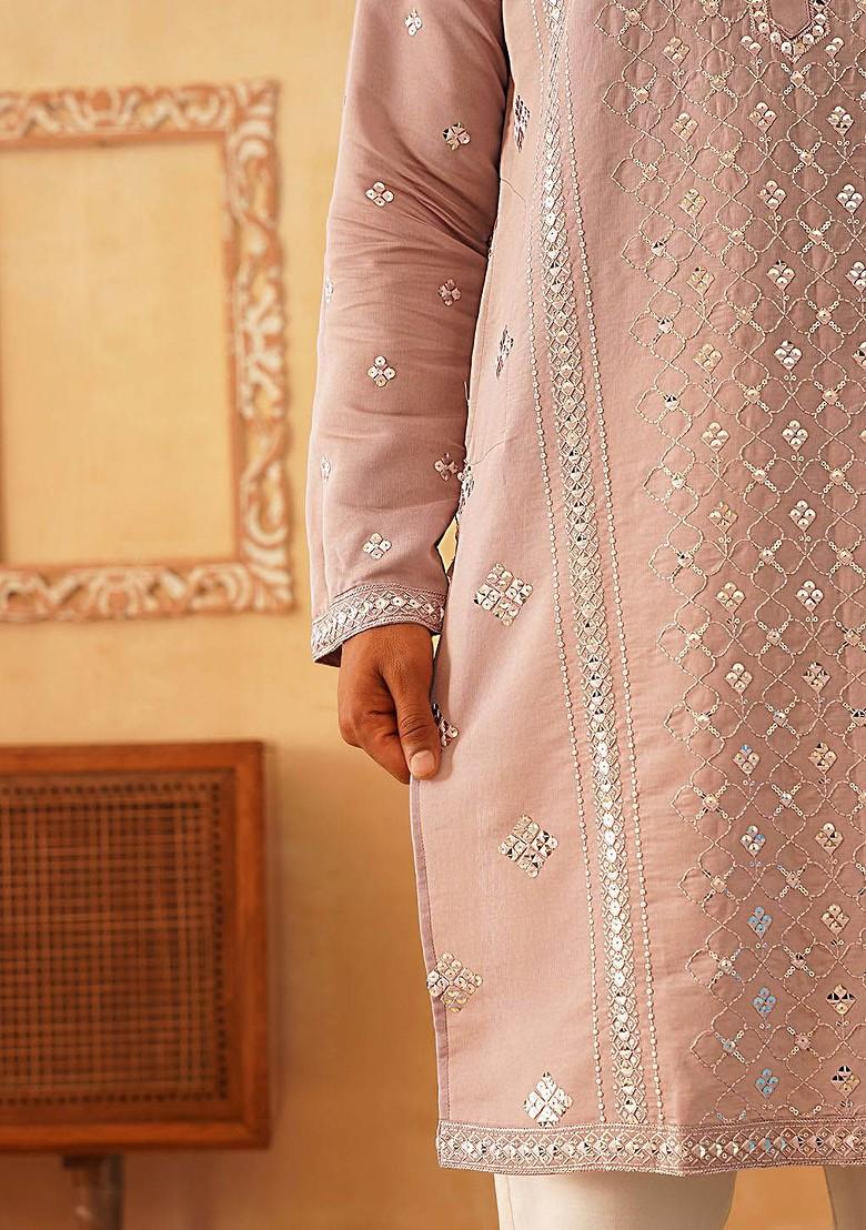 Peach Embroidered Poly Blend Kurta For Men