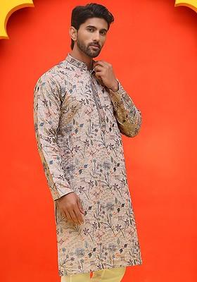 Cream Embroidered Poly Blend Kurta For Men