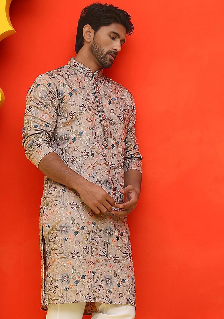 Cream Embroidered Poly Blend Kurta For Men