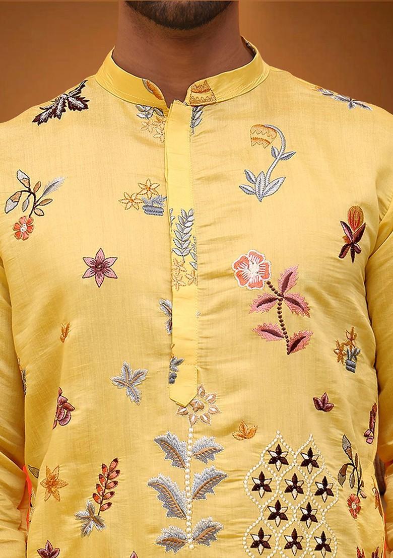 Yellow Embroidered Poly Blend Kurta For Men