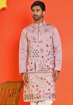 Purple Embroidered Poly Blend Kurta For Men